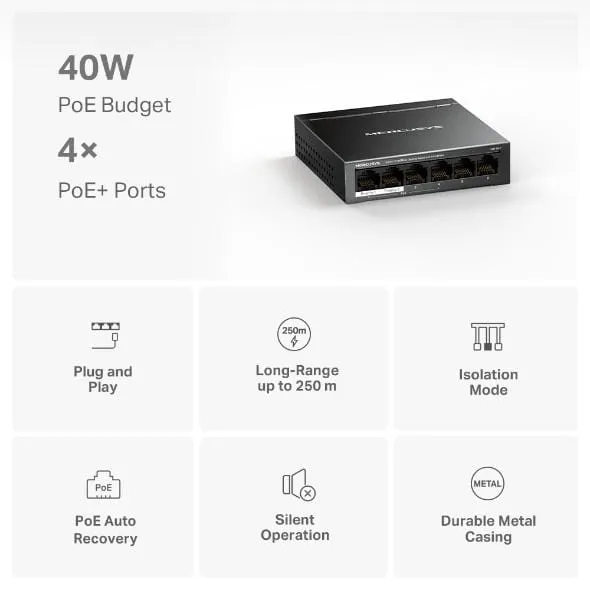 Switch Desktop MERCUSYS MS106LP 6 Porturi 10/100Mbps PoE 40W - imagine 2