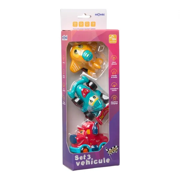 Set 3 Vehicule MOMKI prin Inerție - Camion, Mașină Curse, Avion - imagine 3