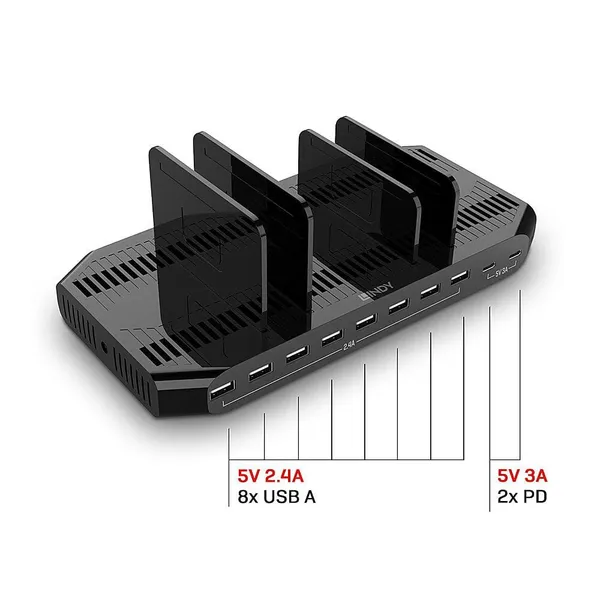 Hub USB LINDY Charging Station 10 Porturi USB-A 120W Negru - imagine 2