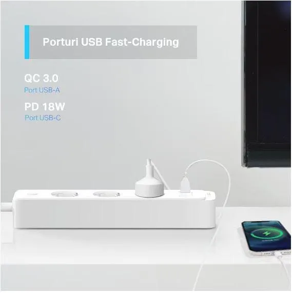 Prelungitor inteligent TP-LINK TAPO P300 3 prize 2 USB - imagine 3