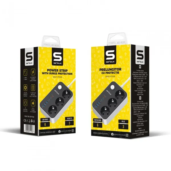 Prelungitor SERIOUX SRXP-PS36B 3 Prize Schuko 6 USB Negru - imagine 6