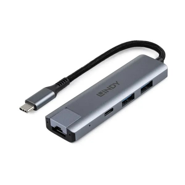 Hub USB LINDY USB 3.2 Gigabit Ethernet 2x USB A 1x USB C Gri