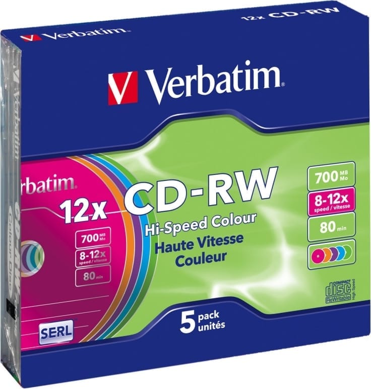 Disc CD-RW VERBATIM Colour 12x 700 MB 5 Bucăți