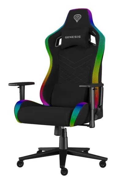Scaun gaming Genesis TRIT 660, material textil, iluminare RGB, reglabil pe inaltime, greutate maxima suportata 150 kg, inaltime scaun reglabil 45 - 52 cm, spatar ajustabil 160°, dimensiuni roti 60mm,  echipat cu piston cu gaz clasa 4, manere 2D, negru