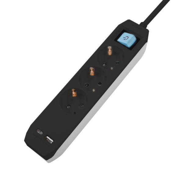 Prelungitor SPACER Schuko x 3 USB Type-C 4.5m Negru